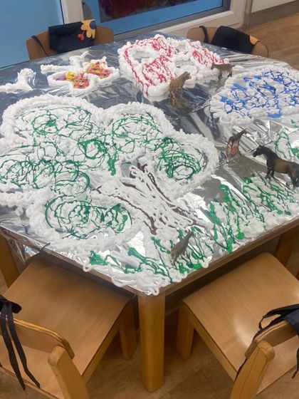 This table is set up for a sensory exploration of a winter landscape using shaving foam and animal figures. Such invitations allow children to create stories and explore different textures in a contained, imaginative space.