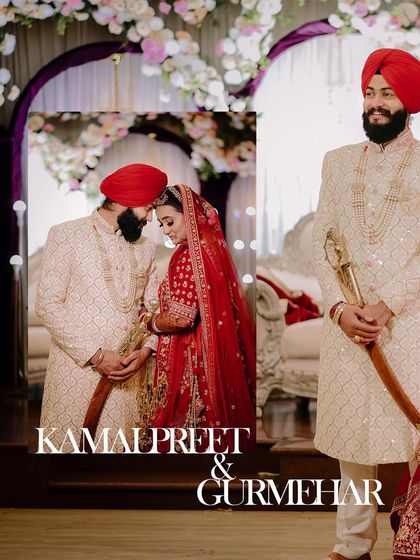 A collage that combines a full portrait with an intimate moment between the Sikh bride and groom, capturing the essence of their wedding day.
