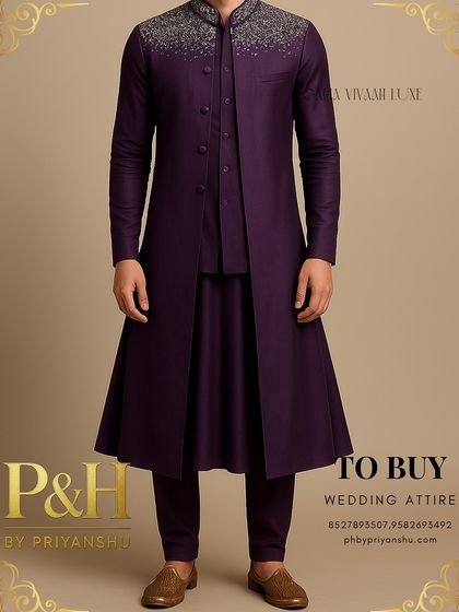 The full, flared silhouette of the purple Anarkali-style suit is revealed here, showcasing its royal and dramatic presence.