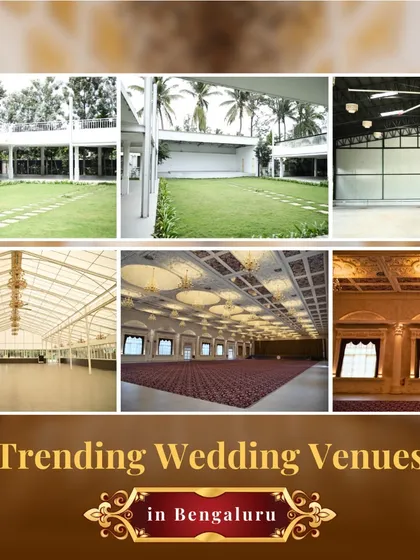 A collage of trending wedding venues in Bengaluru, featuring the versatile spaces at Ikshaa and the grand halls of White Feather. We offer a range of options to suit your style and guest count.