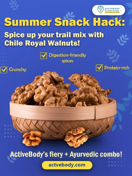Here's a summer snack hack for you. This image of crunchy Chile Royal Walnuts suggests spicing up your trail mix with this fiery, protein-rich, and digestion-friendly Ayurvedic combo.