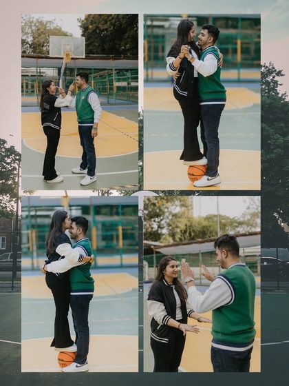 A collage of fun and creative poses from the basketball court shoot. From him lifting her to stand on the ball to a celebratory high-five, these shots are full of personality.