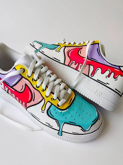 A top-down view of the drip customs. This is a fun, playful design that adds a splash of colour to your look.
