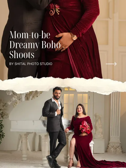 This collage introduces my 'Dreamy Boho Shoots', combining a close-up of the baby bump with a full-length portrait of the couple in an elegant studio setting.