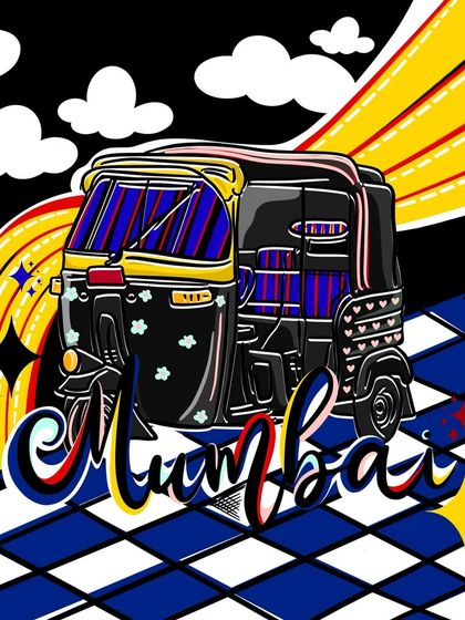 A vibrant, pop-art-inspired take on the Mumbai auto-rickshaw, complete with a rainbow and checkered floor, celebrating the city's colorful character.