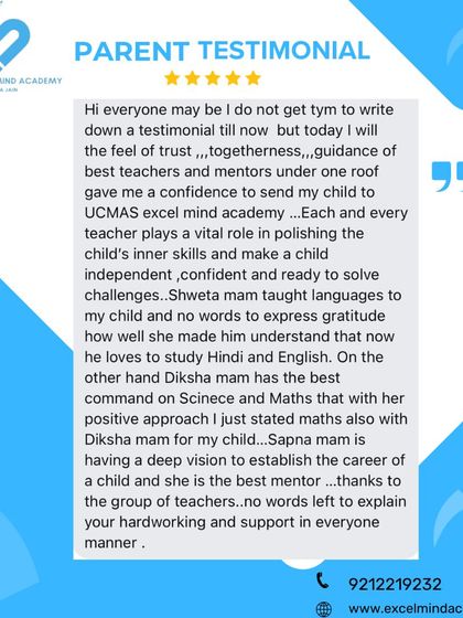 This detailed testimonial praises the trust, togetherness, and guidance under one roof, highlighting how each teacher helped polish the child's inner skills.
