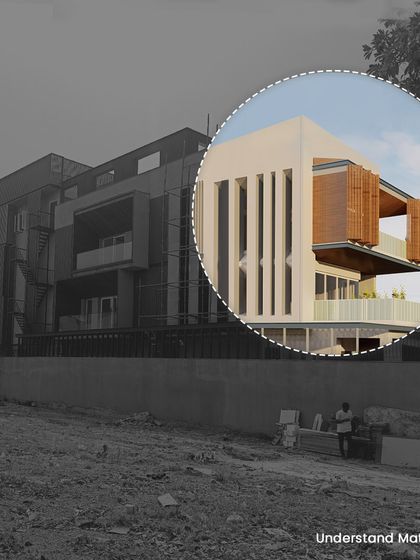 A graphic overlay comparing the initial render with the under-construction photo of the Lakewood Residence, illustrating the material palette of textured paint and thermopine cladding.