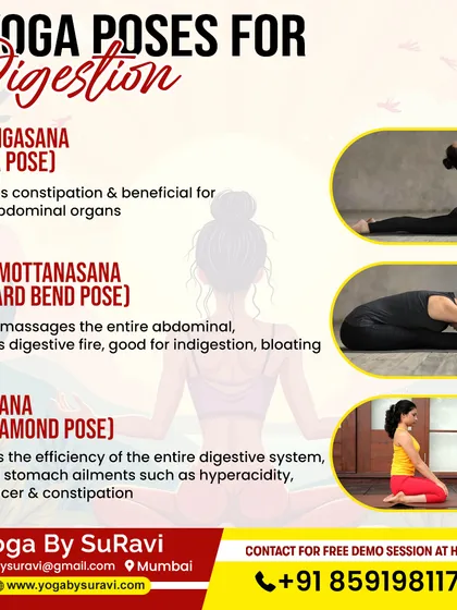 This infographic showcases five key yoga poses for better digestion, including Bhujangasana (Cobra Pose) and Vajrasana (Diamond Pose).