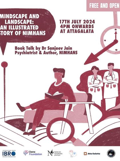 Poster for a book talk on 'Mindscape and Landscape: An Illustrated History of NIMHANS'.
