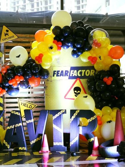 The full Fear Factor stage setup, combining all the hazard-themed elements to create a truly unique and memorable party backdrop.