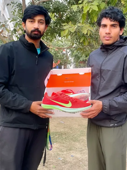 My athlete Imran, winner of the Lucknow Marathon, receiving new running shoes as part of the TFCI CSR athlete support program. I am grateful for the support from mentors like Dr. Sunita Godara.