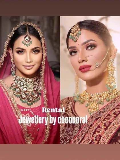 A collage showcasing two different green bridal sets on models. These are available for rent for your bridal clients or portfolio shoots.