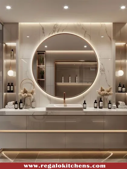 This vanity is a showstopper, featuring a backlit circular mirror against a marble wall. The floating design of the cabinet enhances the sense of space and luxury.