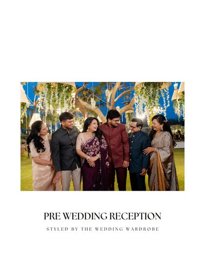 A pre-wedding reception lookbook cover. This image showcases the entire family styled by us, highlighting our expertise in creating coordinated looks for large groups and grand events.