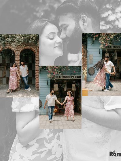 This collage captures the fun and romance of a casual pre-wedding shoot at a quaint, rustic location. It features moments of dancing, walking, and intimate close-ups.