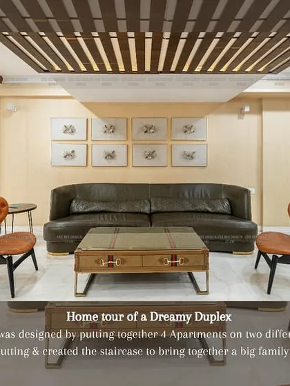 A collage showing the living room of a duplex created by joining four apartments, featuring a leather sofa and a unique trunk-style coffee table.