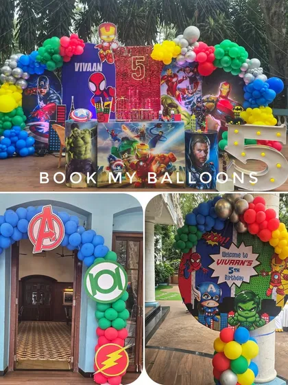 From the Avengers to Batman, I can assemble any team of superheroes for your child's birthday. This collage shows the variety of hero themes we've created, including custom backdrops, colorful balloon arches, and life size character cutouts for an action packed celebration.