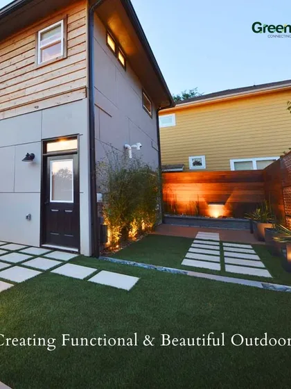 We create functional and beautiful outdoors. This home's side yard was transformed with our artificial grass and modern pavers, creating a clean, usable, and aesthetically pleasing pathway.