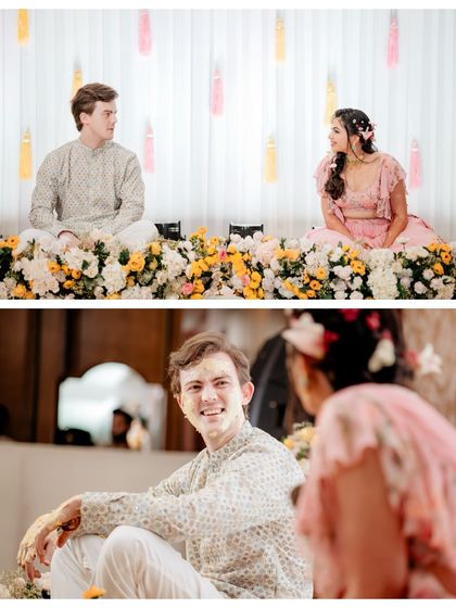 A collage of the couple sharing quiet, sweet glances amidst the Haldi celebrations. Even in the chaos, we find and capture these moments of connection.