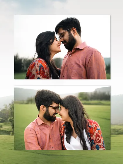 A set of intimate, close-up portraits of a couple. These photos capture the tender and affectionate moments that are central to a pre-wedding shoot.
