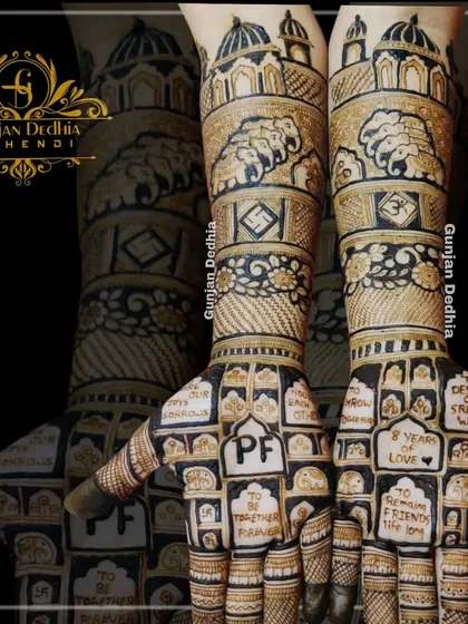 This design is a true narrative, with little windows telling a story. It includes the couple's initials, '8 years of love', and other personal messages, all surrounded by intricate patterns.
