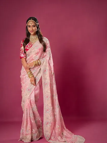 Styling for a brand campaign featuring a delicate pink embroidered saree. This look is all about modern bridal elegance and sophistication.