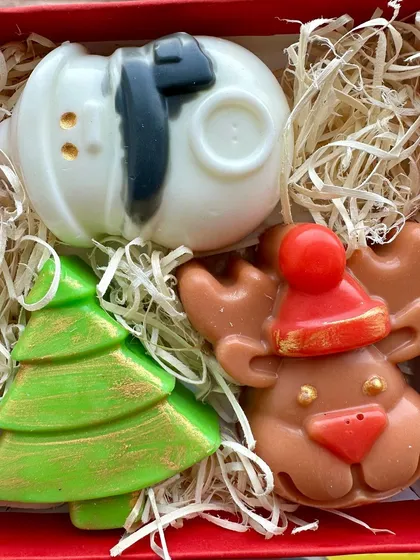 A festive Holiday Soap Gift Box, perfect for Christmas or as a Secret Santa gift. This one features three enchanting soaps: a Snowman, a Christmas Tree, and Rudolph the Reindeer.