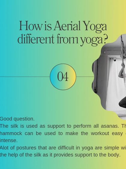 How is aerial yoga different from regular yoga? We use the silk as a support to perform asanas. It can make the workout easier or more intense, and helps you get into poses that are difficult on the mat.
