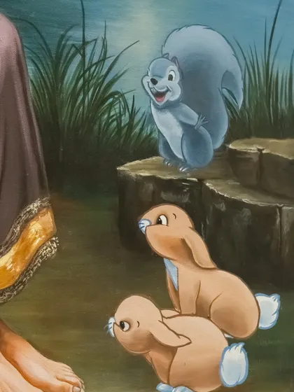 A whimsical detail from "Moonlight and Monroe," showing cartoon squirrels and rabbits gathered at her feet, blending reality with fantasy.