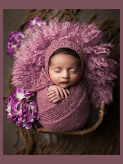 A beautifully edited version of the final portrait, with a soft color frame that complements the purple tones of the setup.