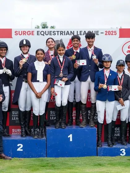 A group of my talented dressage riders on the podium at the Surge Show. Their success across different levels, from double wins to strong freestyle scores, reflects the depth of our training program.