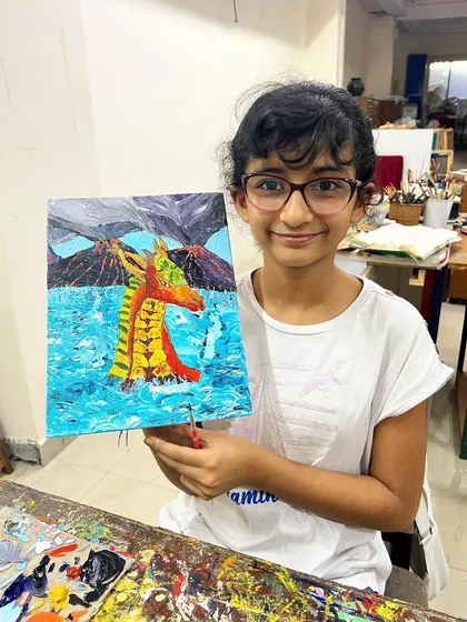 We love seeing our students' imaginations come to life! Here’s a fantastic sea dragon, painted with acrylics on canvas by one of our young artists, Manya. Our kids' classes focus on building confidence and having fun while learning real painting techniques like impasto.