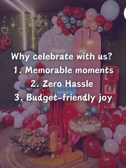 Why celebrate with us? This image sums it up: we create memorable moments, offer a zero-hassle experience, and provide budget-friendly joy. The beautiful red and white decor is just a glimpse of what we can do.