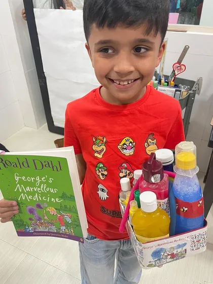 Inspired by "George's Marvellous Medicine," this student created his own prop for his presentation. This shows incredible creativity and a deep engagement with the story.