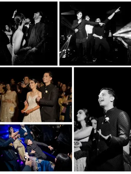 The uninhibited joy of the dance floor. This black and white collage captures the high-energy, candid moments from a sangeet night, freezing the laughter, the wild moves, and the pure fun of celebrating with friends and family.