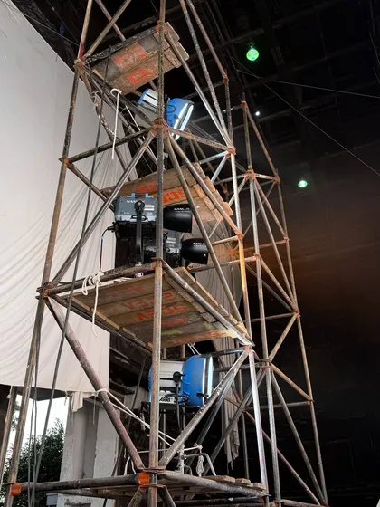 A closer look at the lighting towers for the Big Boss promo. Using tall rigs allows us to create powerful, directional light sources that can mimic sunlight or create dramatic effects.