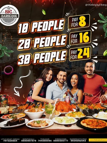 Squad goals meet BBQ goals. Our group offers let you save big. Bring 10 people and pay for 8, or bring 30 and pay for 24.