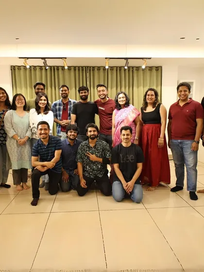 The whole crew! A group photo of the talented performers and happy audience from "The Manchers" and "A Likely Story" collab.