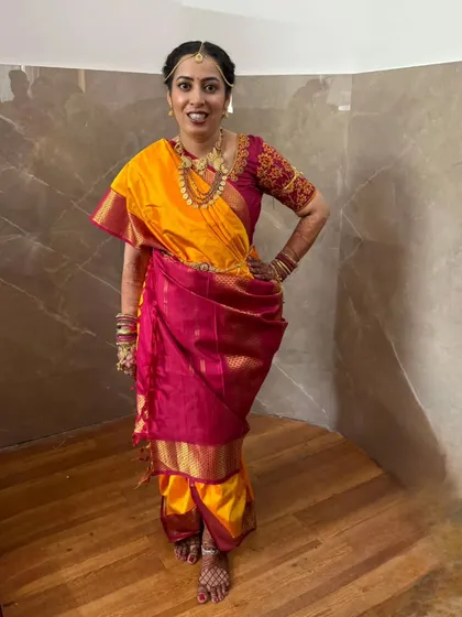 The Madisar is a nine-yard wonder from Tamil Nadu, and draping it is a skill I cherish teaching. This particular drape celebrates a beautiful union of cultures, showing how a single saree can tell a story of love and heritage.