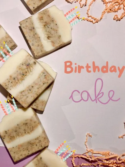 Our special Birthday Cake soap, a zero-waste bar made with half new batter and half recycled soap scraps. It has a delightful sweet-tart fragrance of Grapefruit, Cherry Almond, and Jasmine.
