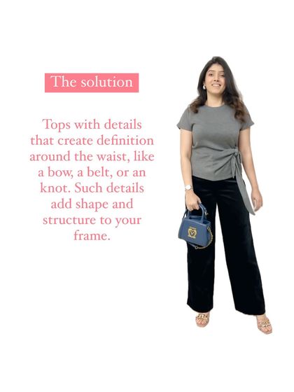This image showcases the solution for a rectangular body shape that wants to wear untucked tops. A top with a side-tie detail creates instant waist definition and adds structure to the frame.