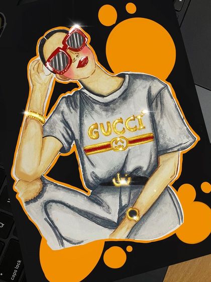 A fashion illustration with a bold, graphic style. I used markers to draw this stylish figure in a Gucci shirt, adding digital sparkles for a touch of glamour.