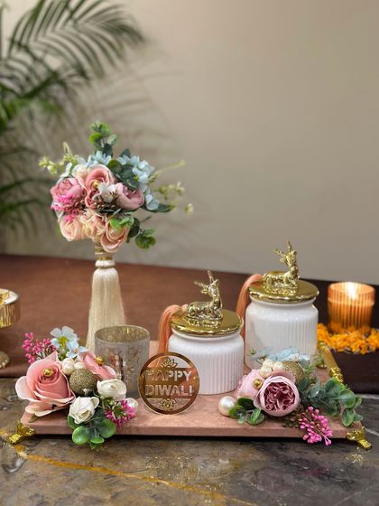 The full view of the pink marble tray hamper, showing how all the elements come together to create a balanced and beautiful gift set.
