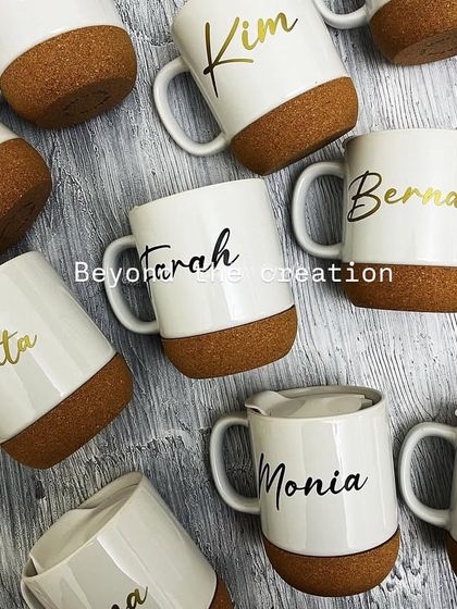 Our cork-base mugs are also available in white. We can personalise them with names in either black or gold font for a clean, modern look.