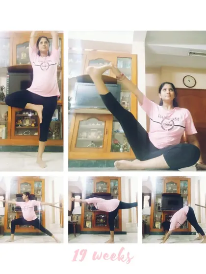 A dynamic practice at 19 weeks, showing a range of poses from balancing to deep stretches.