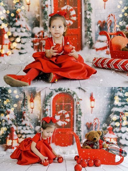 A collage of a little girl in a festive red dress, playing in a winter wonderland setup. My Christmas sessions are all about capturing the joy and wonder of the holidays.