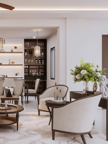 This shot provides a comprehensive view of the living and dining areas, showing how the open-plan space is unified by a consistent palette of neutral tones and dark wood.
