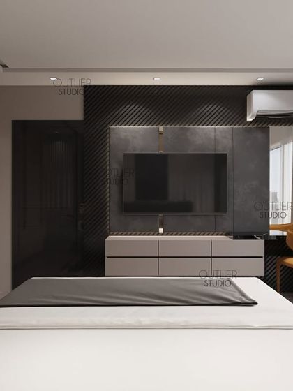 Your stylish retreat. This bedroom features a dark and moody color palette, with a sleek, minimalist media unit and simple, modern furniture for a clean and sophisticated look.