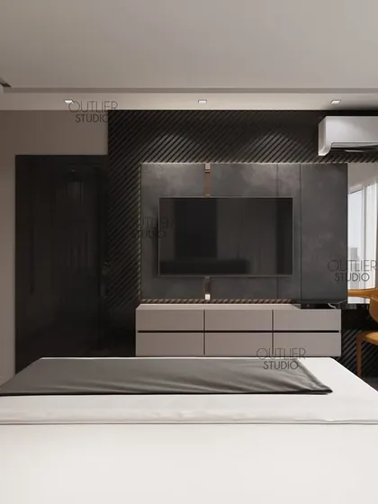Your stylish retreat. This bedroom features a dark and moody color palette, with a sleek, minimalist media unit and simple, modern furniture for a clean and sophisticated look.