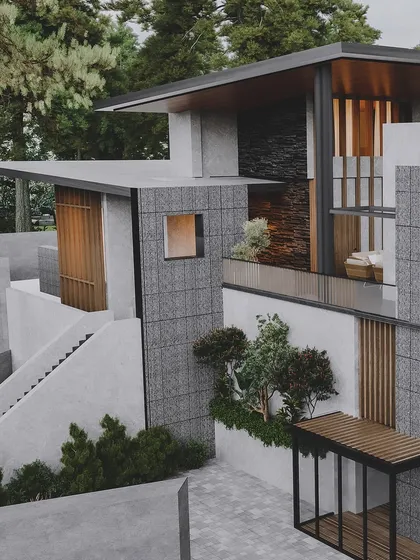 For this modern Kasauli villa by Studio VK.A, the goal was to visualize its integration with the hillside. The rendering highlights the textural contrast between the rough stone facade, smooth concrete, and warm wood, all nestled within a dense pine forest.